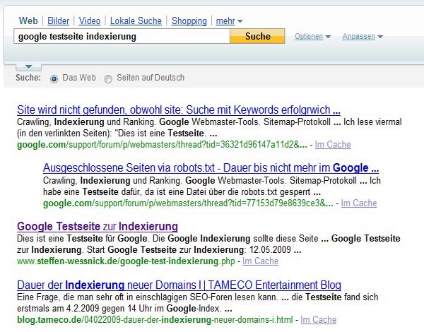Screenshot: yahoo Suche Screenshot: Yahoo Suche